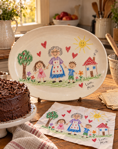 Grandma’s Kitchen Masterpiece personalized child-art platter in a warm family kitchen