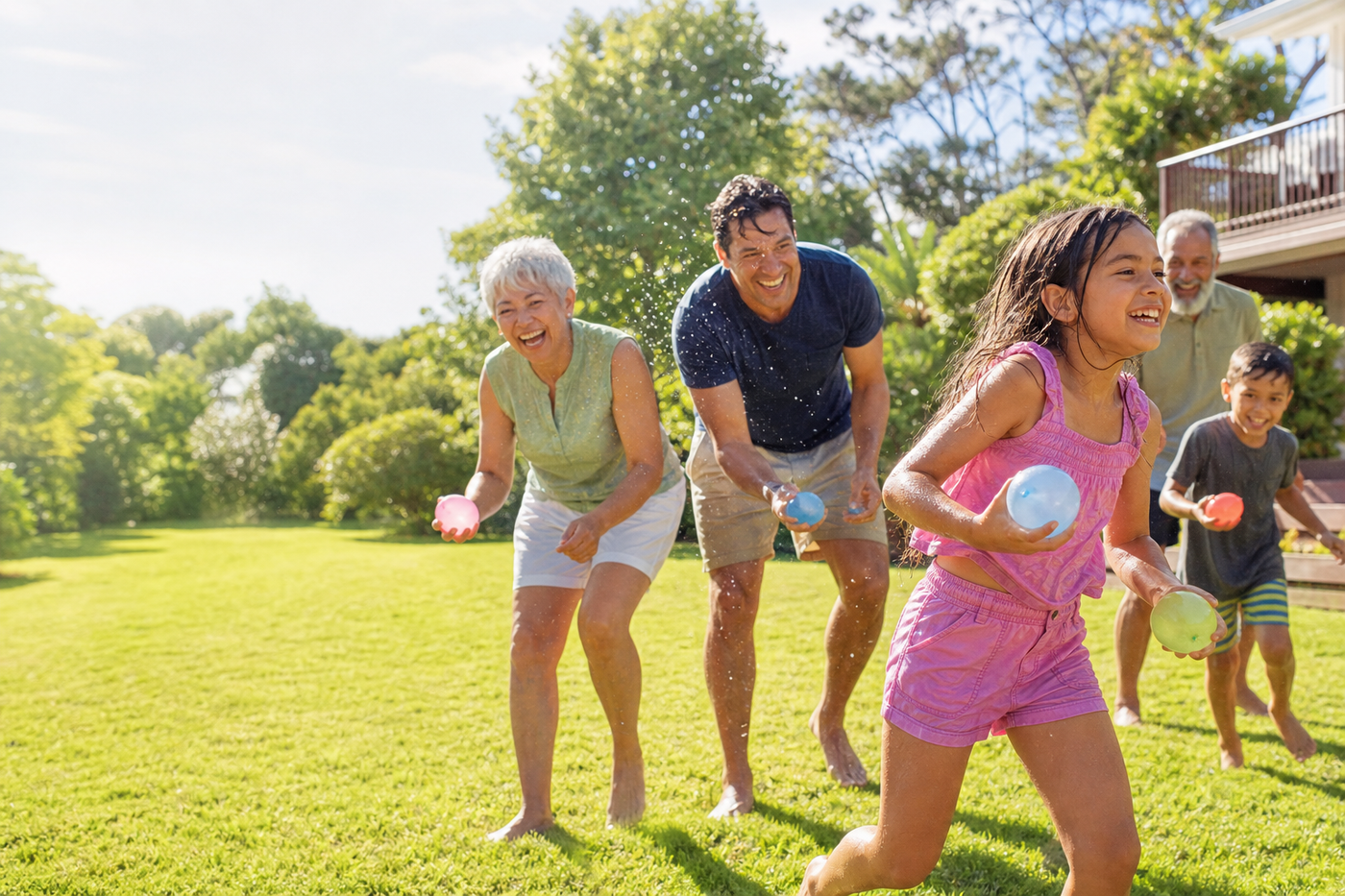 Family laughing and playing together outside