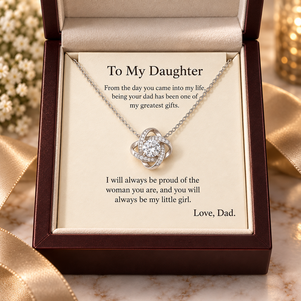 To My Daughter Love Knot Necklace in 14K white gold finish with luxury mahogany gift box