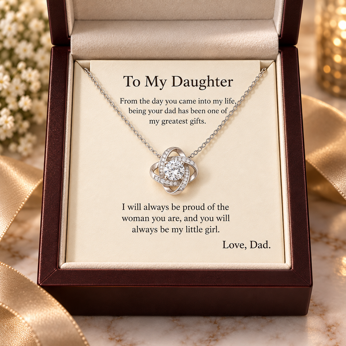 To My Daughter Love Knot Necklace in 14K white gold finish with luxury mahogany gift box