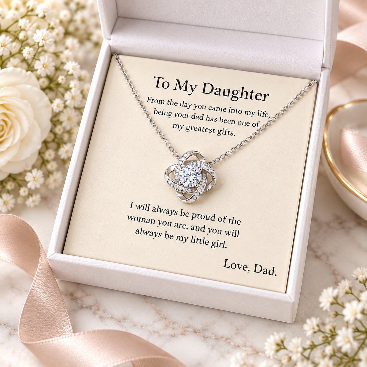 To My Daughter Love Knot Necklace in 14K white gold finish with standard white gift box