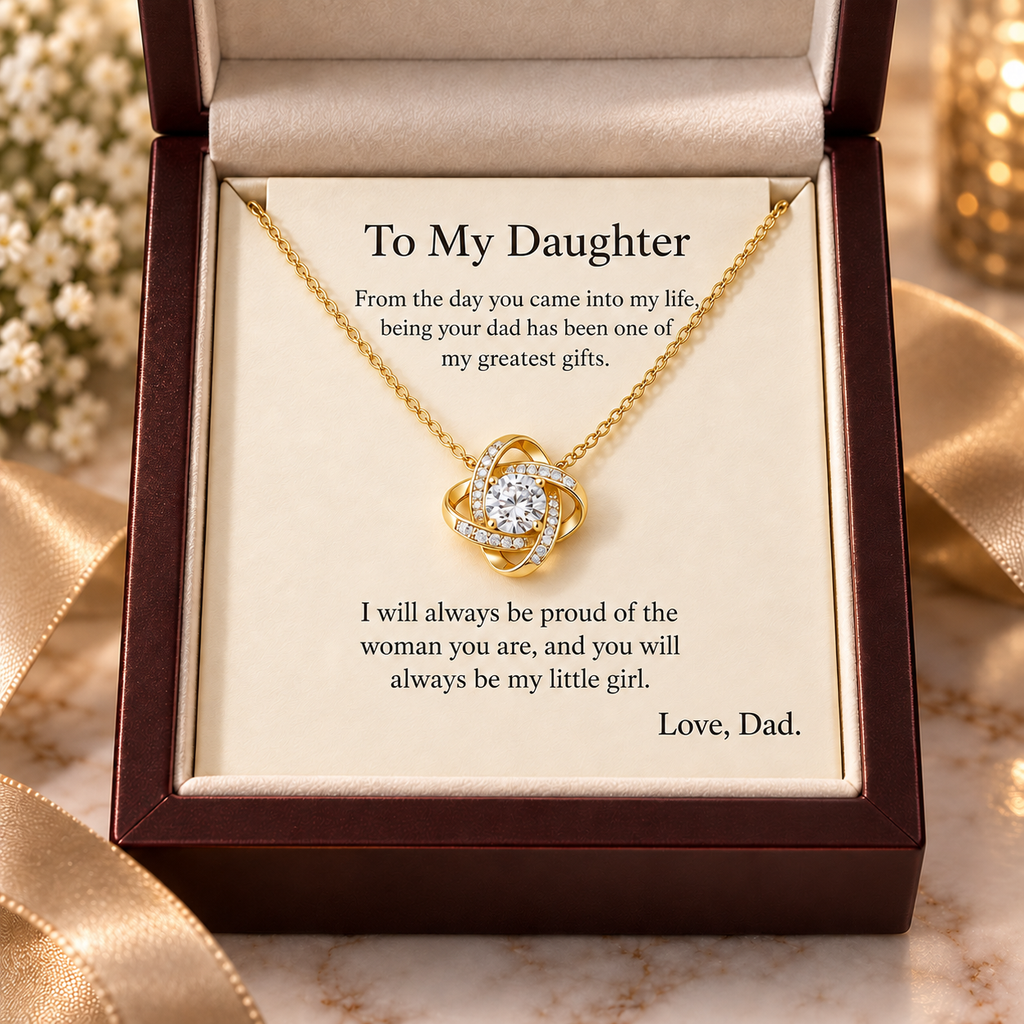 To My Daughter Love Knot Necklace in 18K yellow gold finish with luxury mahogany gift box
