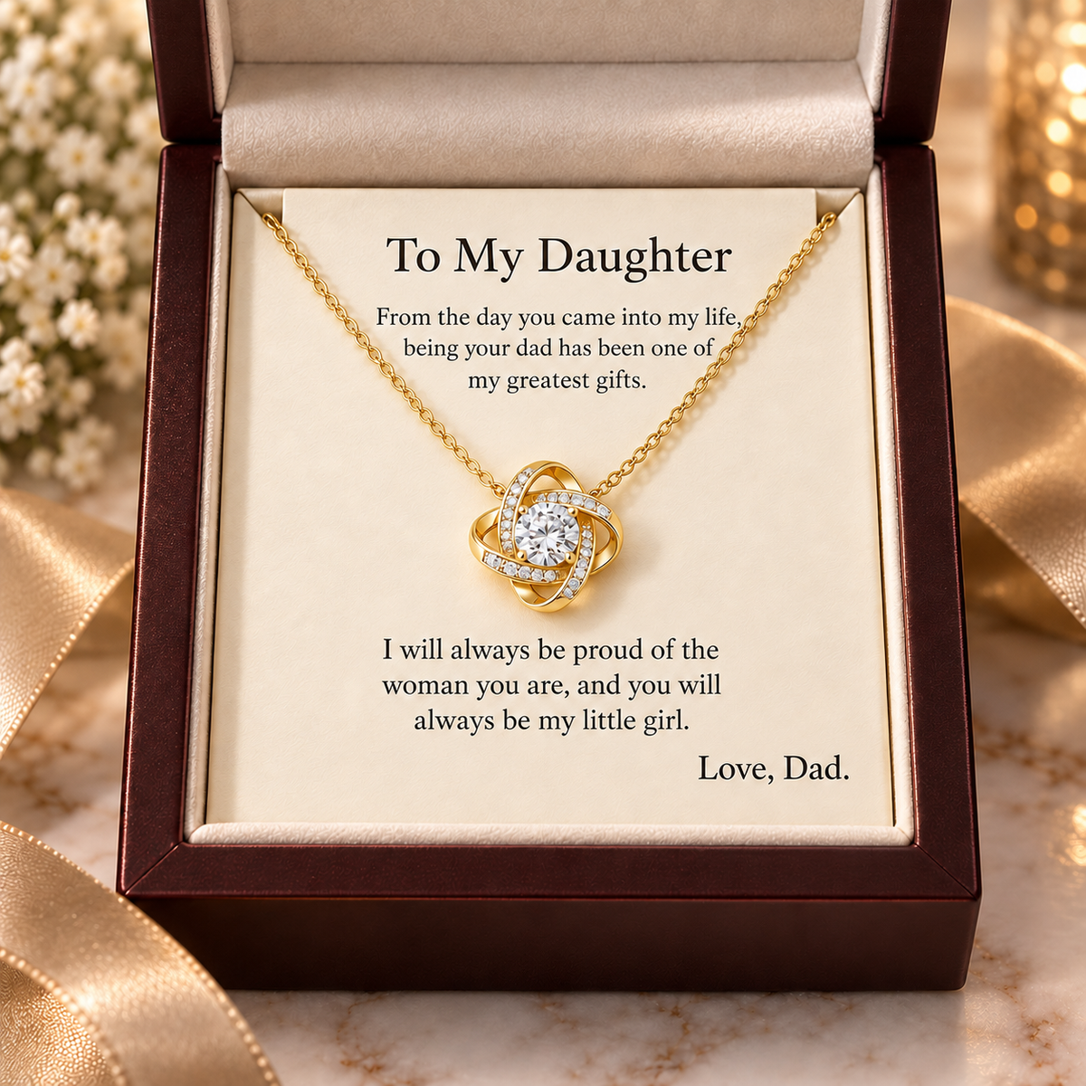 To My Daughter Love Knot Necklace in 18K yellow gold finish with luxury mahogany gift box