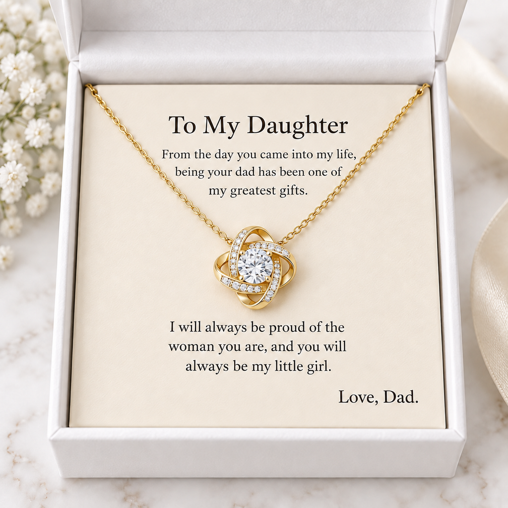 To My Daughter Love Knot Necklace in 18K yellow gold finish with standard white gift box