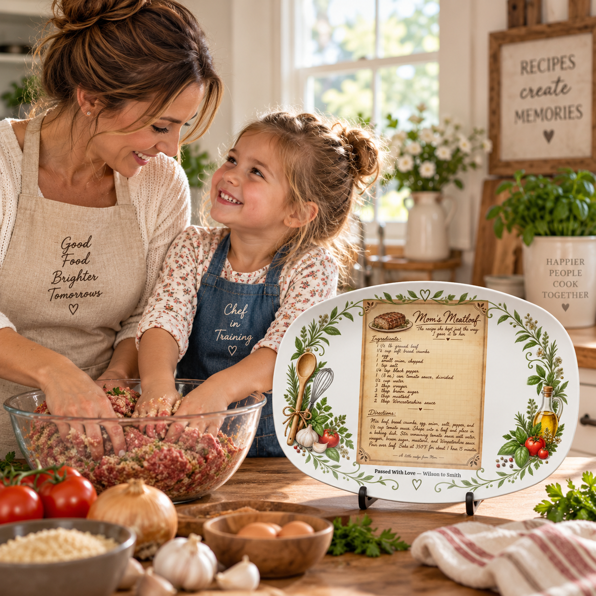 Mother and daughter making a family meatloaf recipe with the personalized handwritten recipe platter displayed nearby