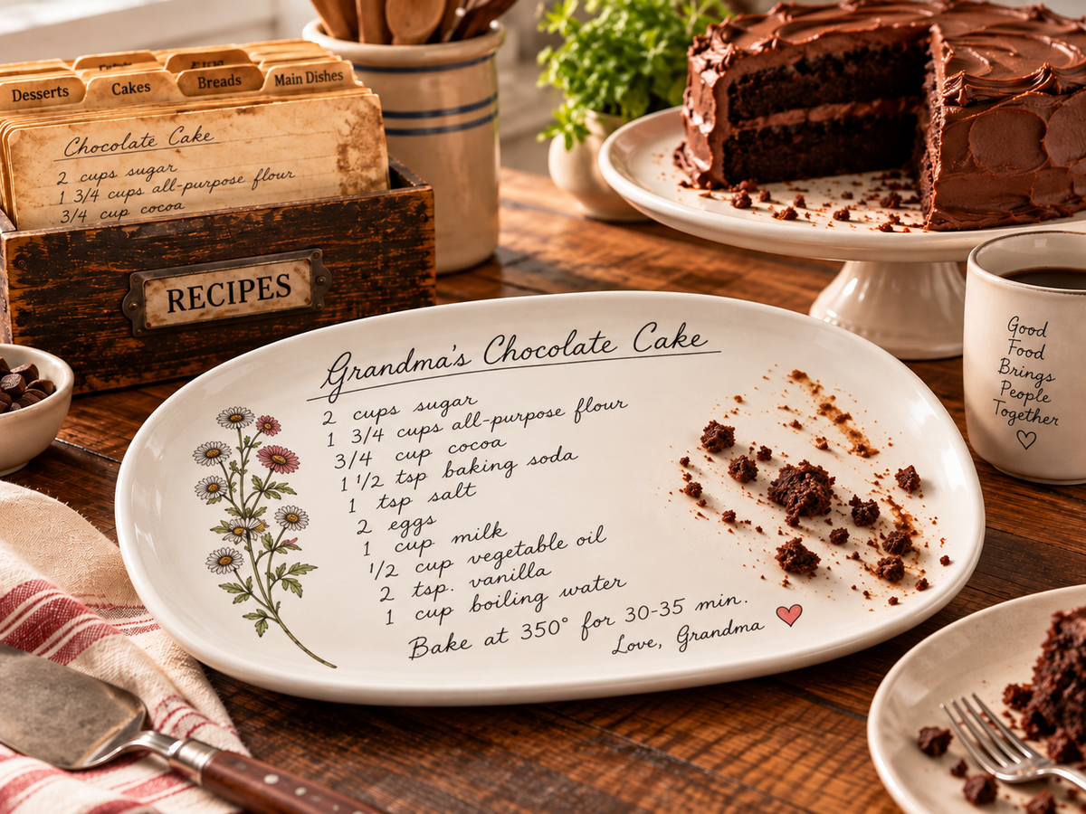 Standard Recipe layout personalized handwritten chocolate cake recipe keepsake platter