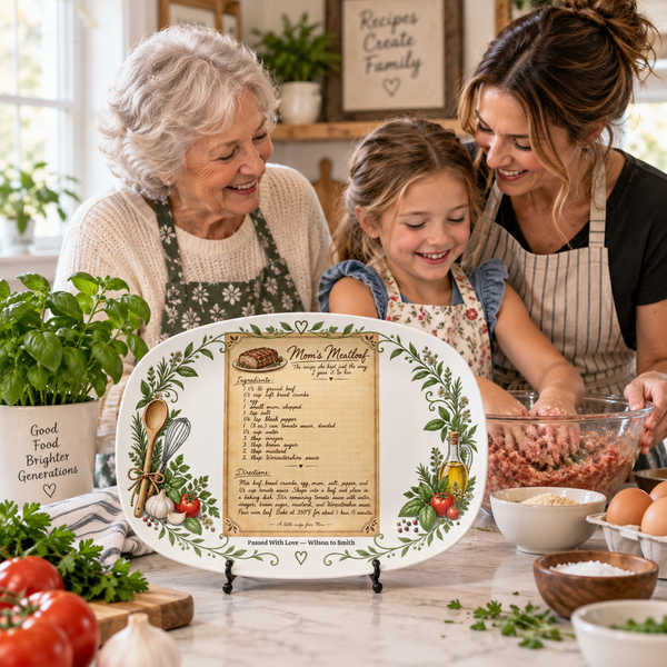 Grandmother, mother and granddaughter cooking together with a personalized handwritten family recipe keepsake platter